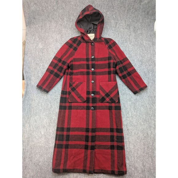 Woolrich Womens Plaid Wool Blend Hooded Long Coat Maxi Trench Duster Blanket - Picture 1 of 9